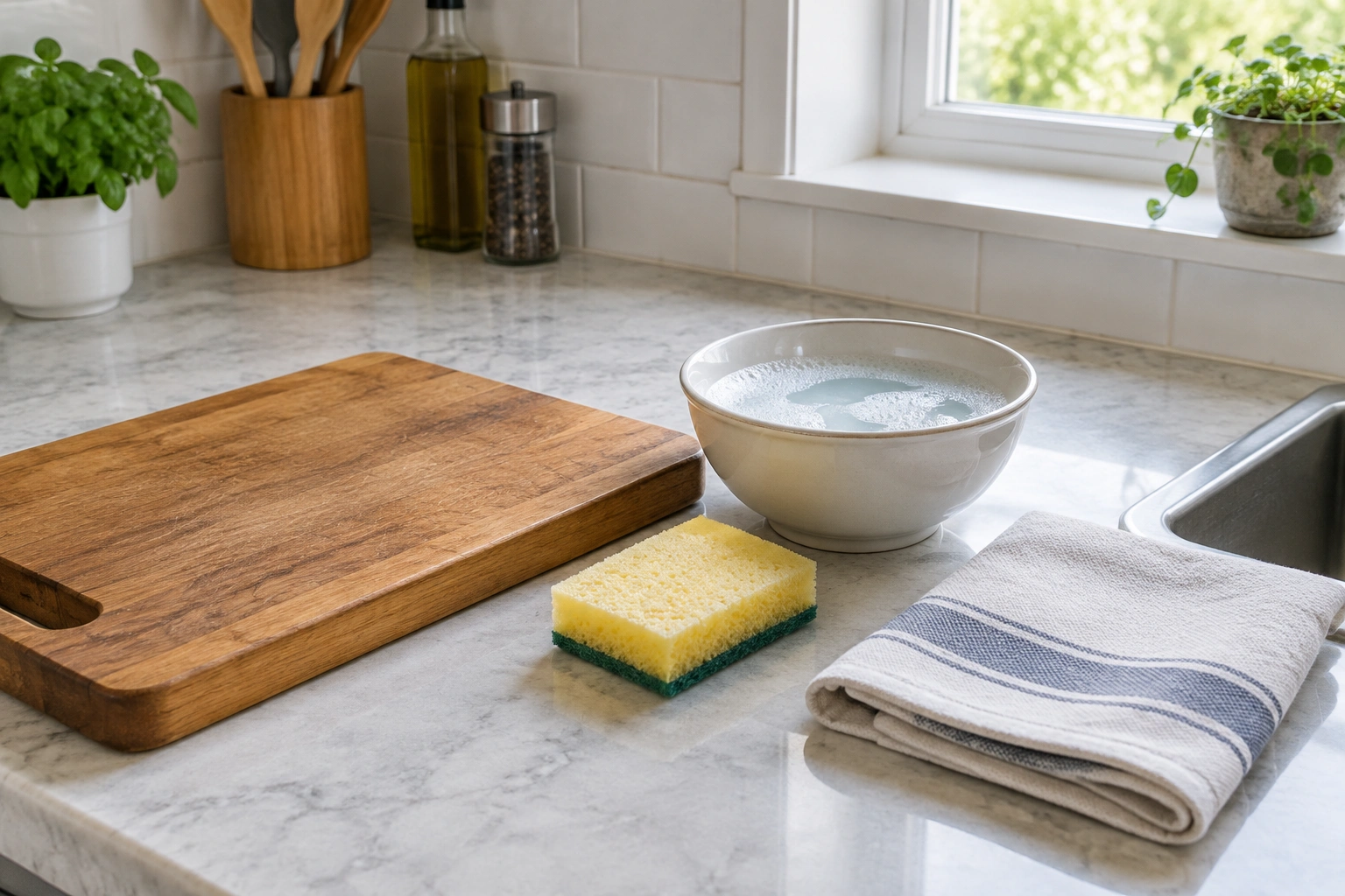 Wooden cutting board being washed gently with a soft sponge and dried with a towel