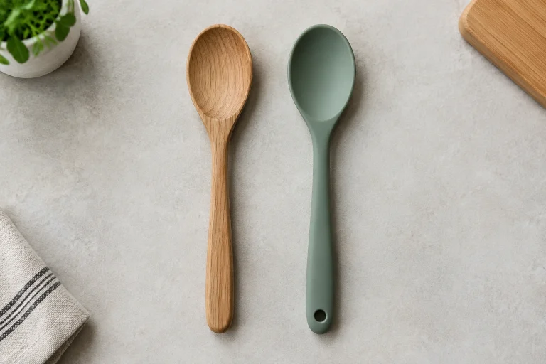 Side-by-side wooden spoon and silicone spoon on a kitchen counter
