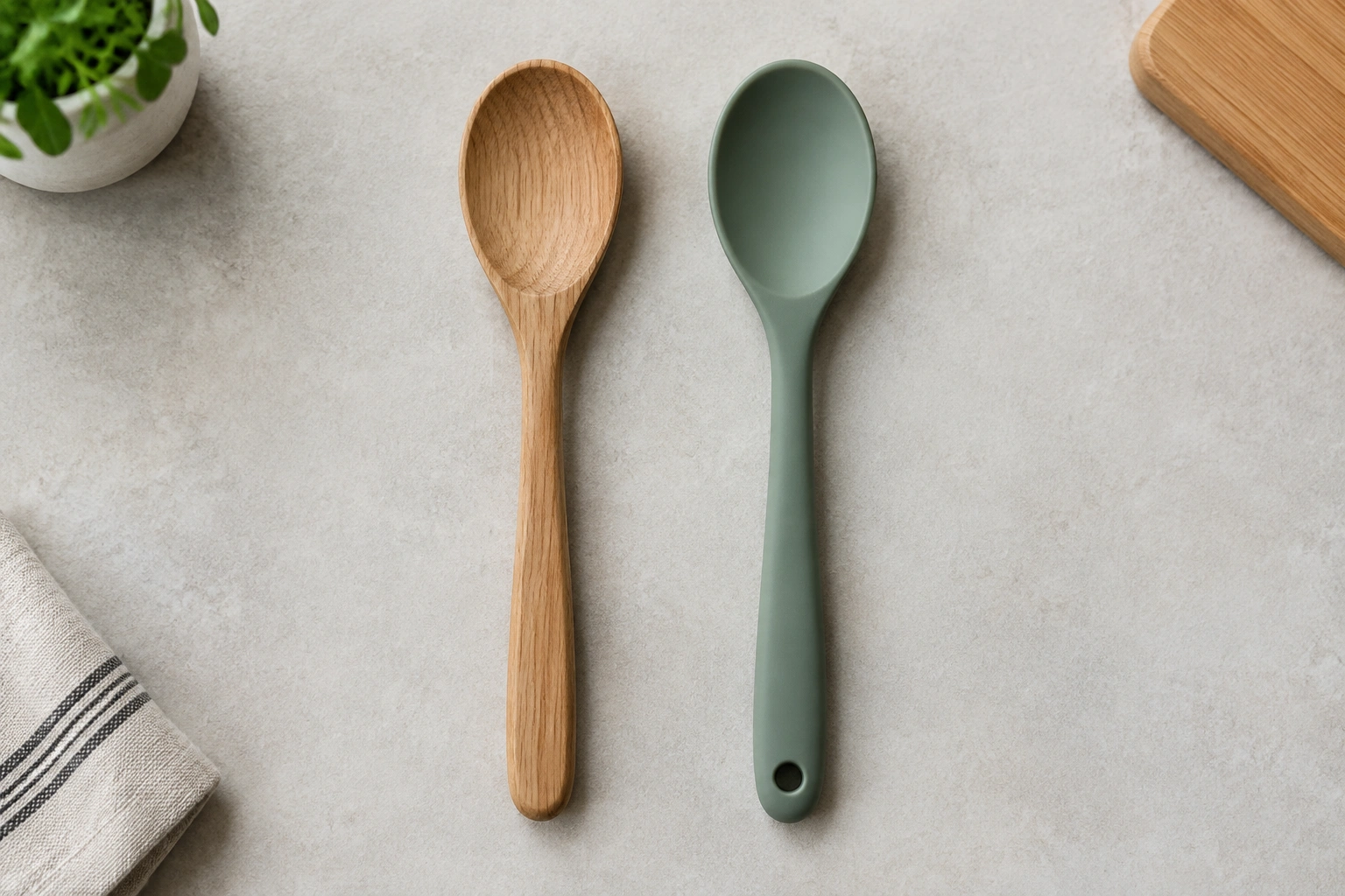 Side-by-side wooden spoon and silicone spoon on a kitchen counter