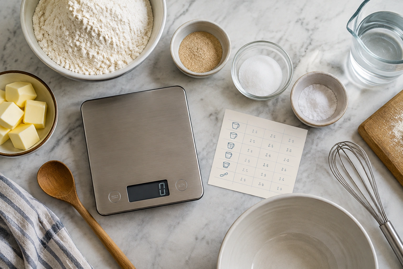 Measuring yeast on a scale next to a conversion note card