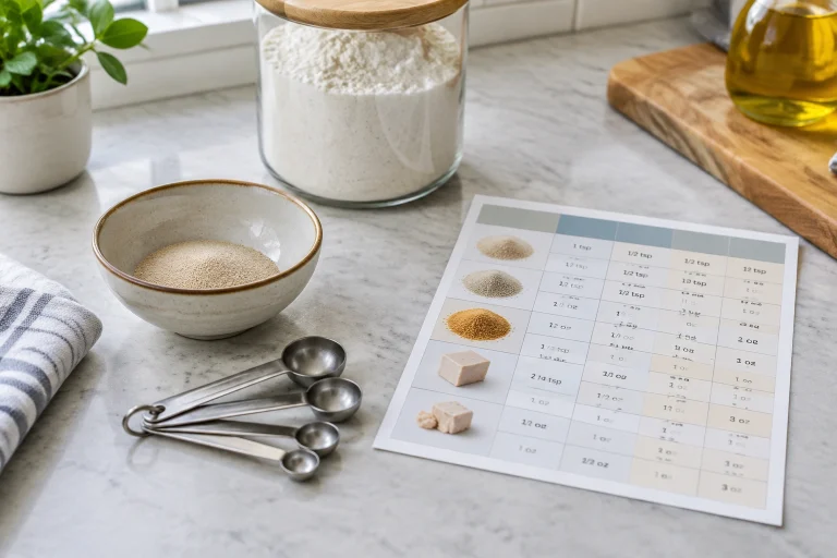 Yeast conversion chart showing packets, teaspoons, and grams