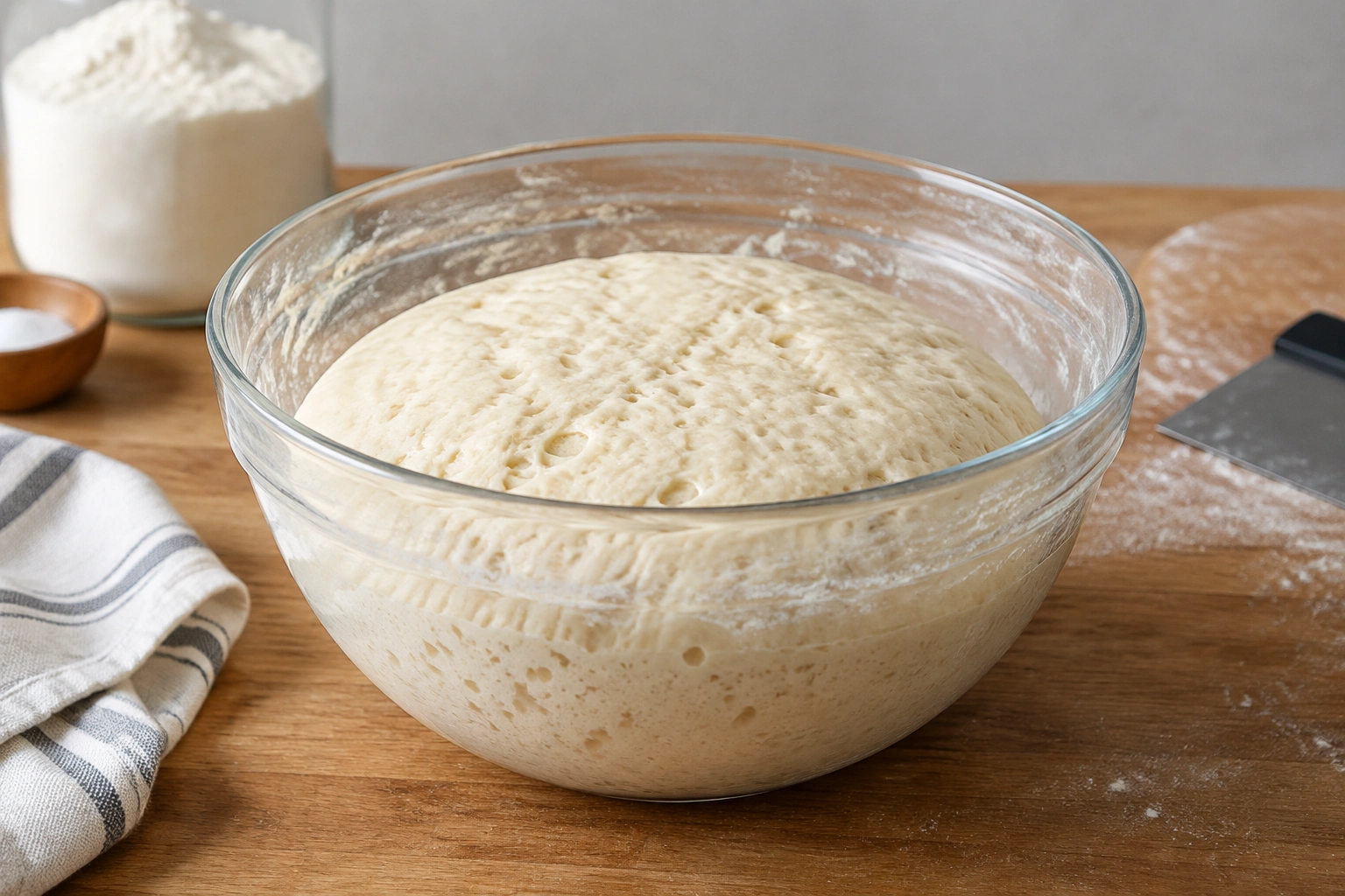 Close-up of bread dough in a mixing bowl showing bubbles and rise indicators
