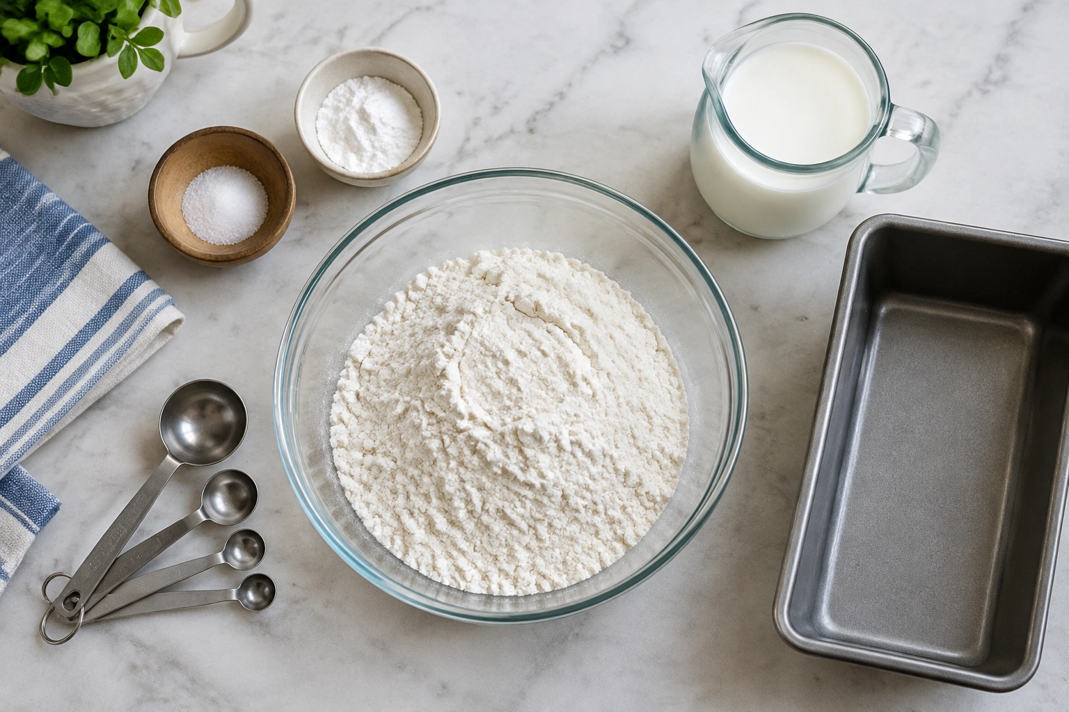 Assorted bread ingredients and baking tools on a kitchen counter