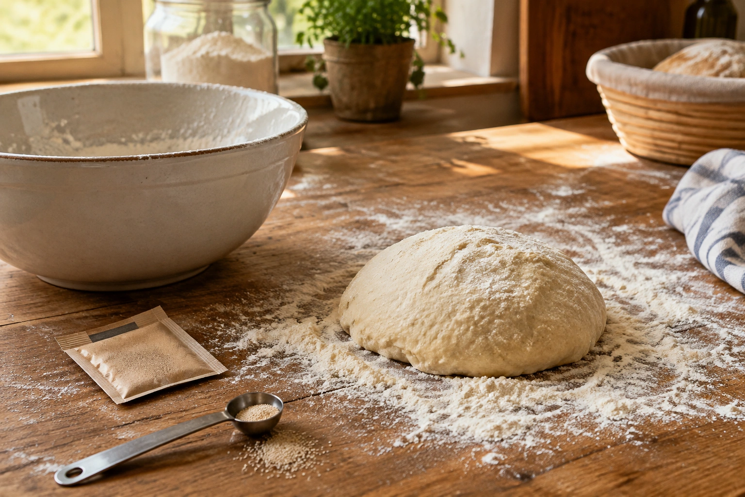 Bread dough ingredients beside a packet of yeast