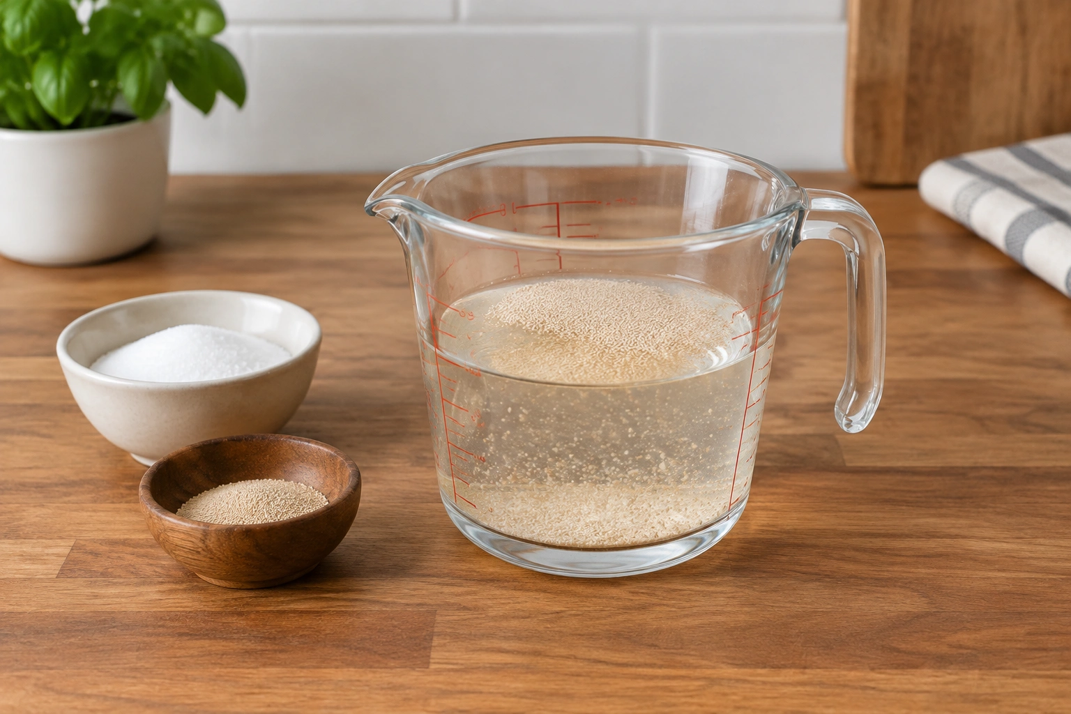 Bowl with warm water sugar and yeast for a proof test