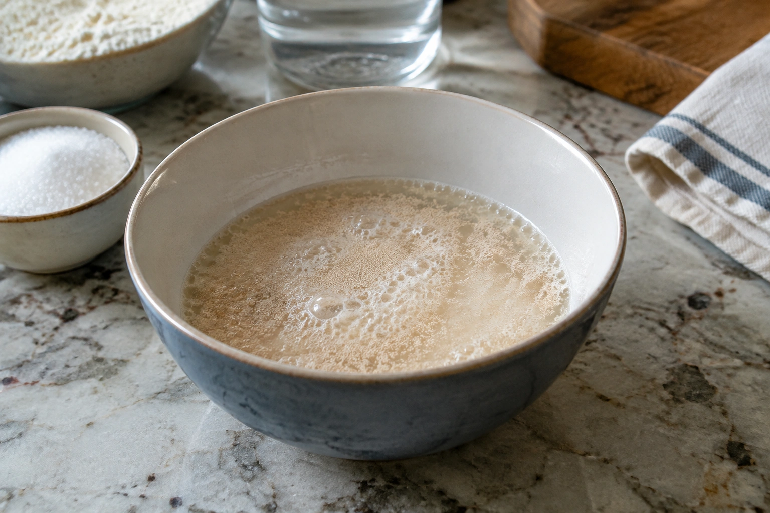 Bowl with warm water, sugar, and foaming yeast test