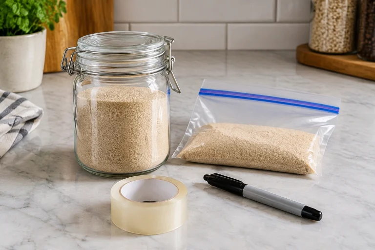 Glass jar, zip-top bag, and labeled yeast storage setup
