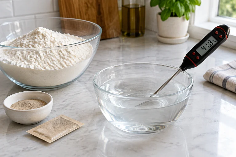 Kitchen thermometer measuring warm liquid for bread yeast