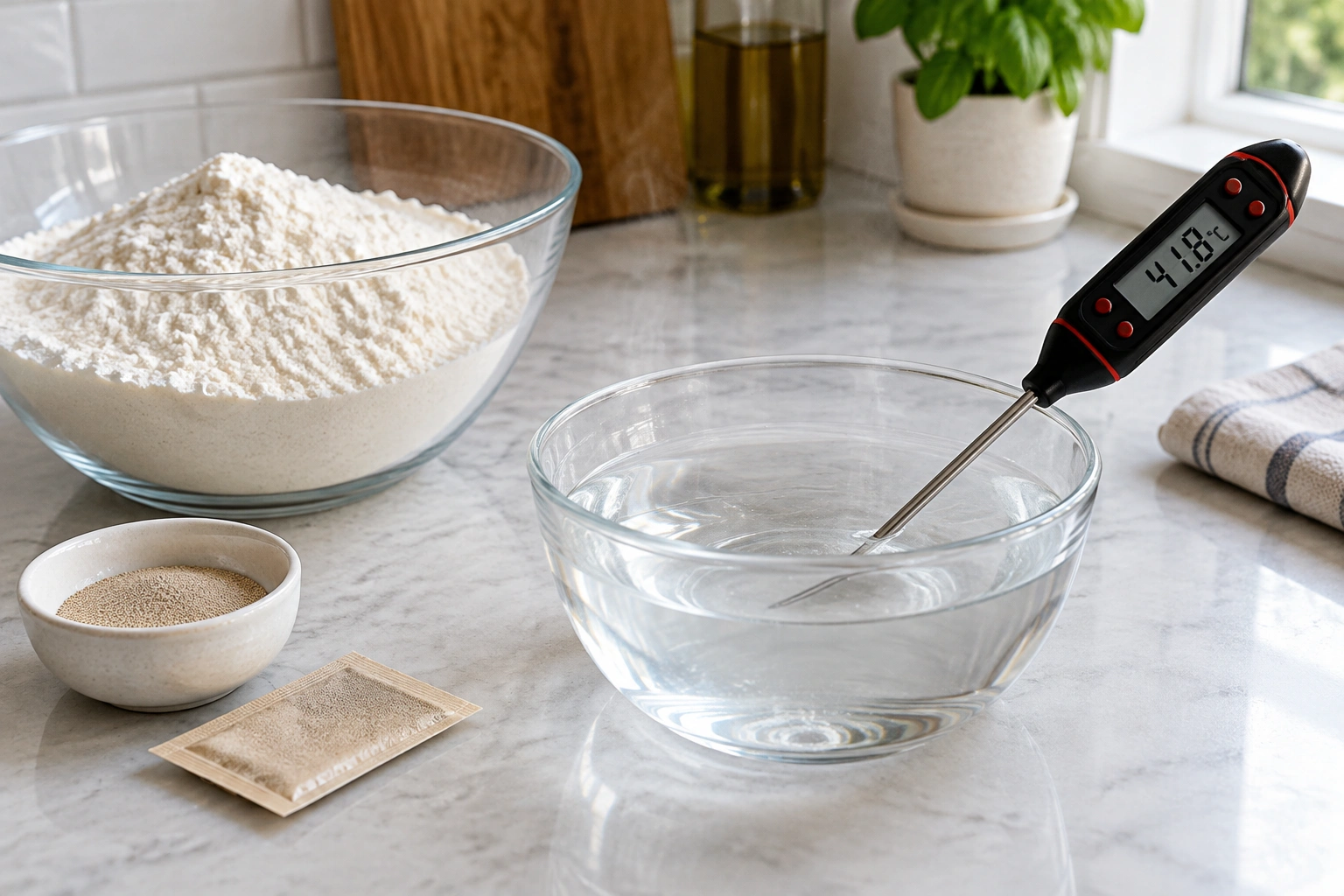 Kitchen thermometer measuring warm liquid for bread yeast