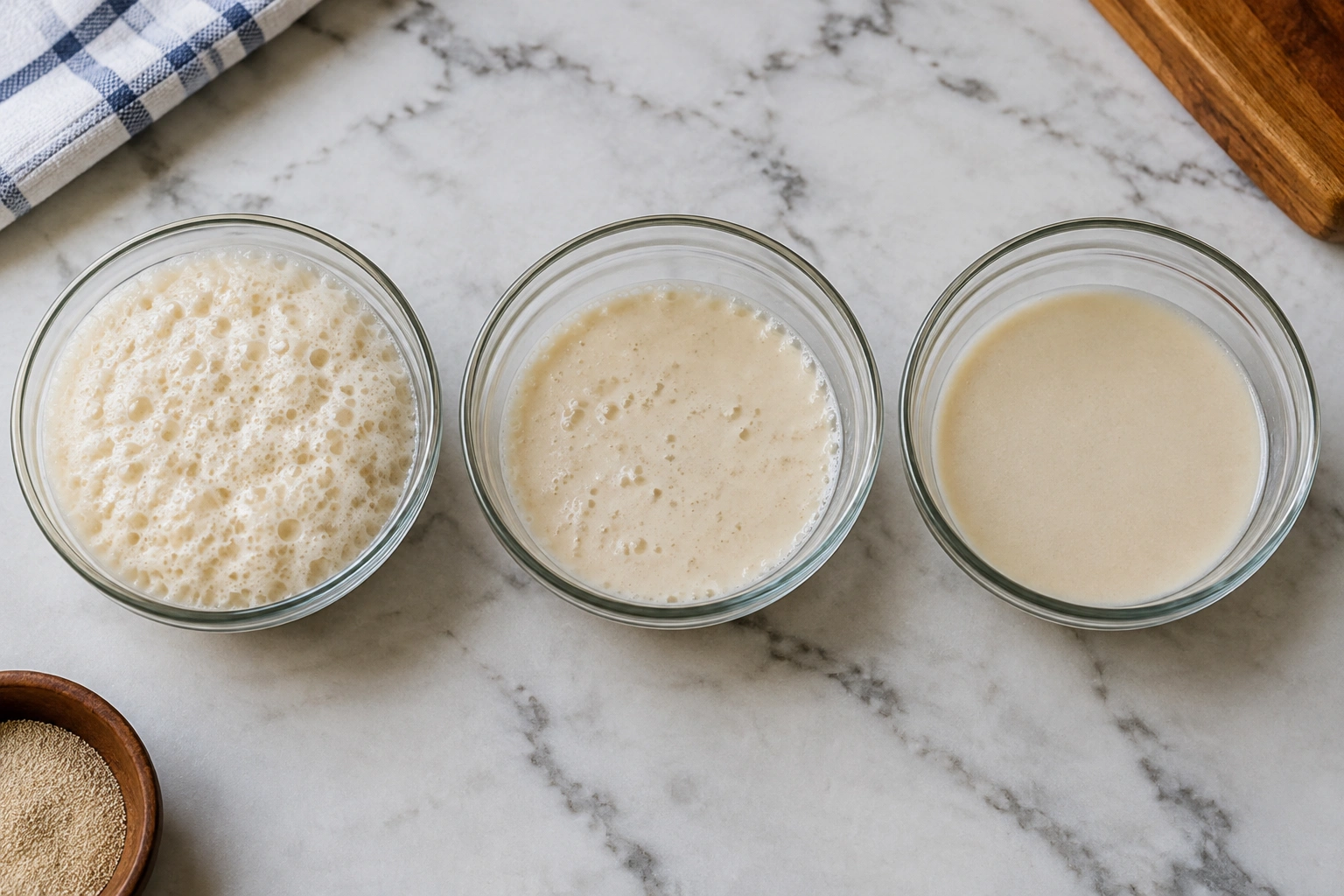 Three small bowls showing active weak and dead yeast test results